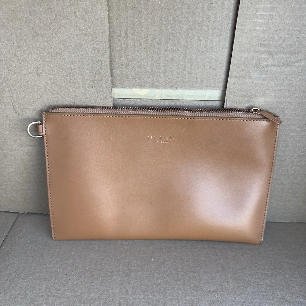 Ted Baker London Leather Pebbled Tote Bag w/ Detachable Pouch Tan Brown